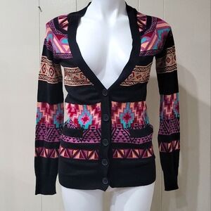 Nollie Women Black Aztec Tribal Print Cardigan XS Button Front